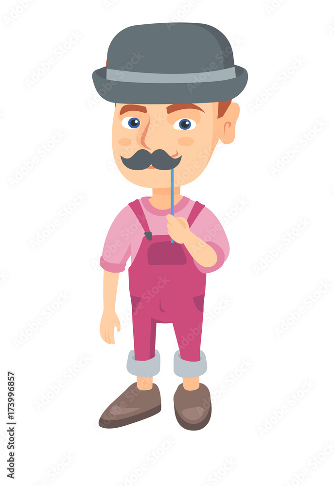 Little caucasian boy wearing hat bowler and holding fake moustache on a stick in front of his face. Boy with fake mustache. Vector sketch cartoon illustration isolated on white background.