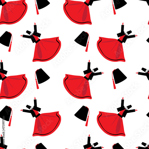 Seamless pattern turkish historical symbols dervish, fez cartoon vector illustration isolated on white background, travel decorative texture for design touristic advertising, wallpaper, wrapping paper