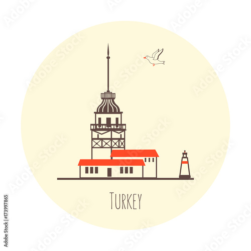 Turkey landmark Maiden tower of Istanbul city cartoon vector illustration isolated on light background, travel icons, decorative colorful sign building, line art style for design advertising,printing