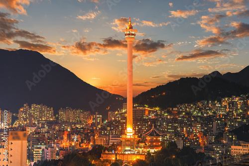 Busan city skylight and Busan tower at night in Korea.