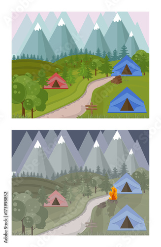 High Mountains camping background Vector. Day and night time