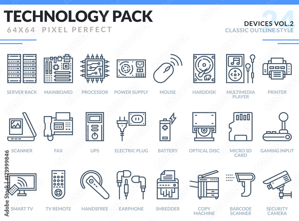 Devices Icons Set. Technology outline icons pack. Pixel perfect thin line vector icons for web design and website application. - obrazy, fototapety, plakaty 