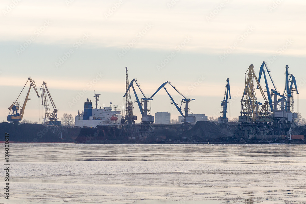 The mooring for loading of coal in the European port. Riga, Latvia.