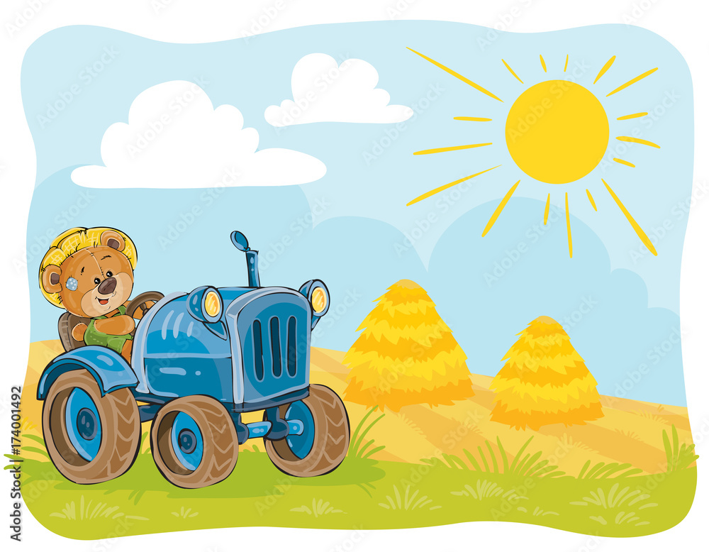 Fototapeta premium Vector illustration teddy bears tractor driver working on the field.