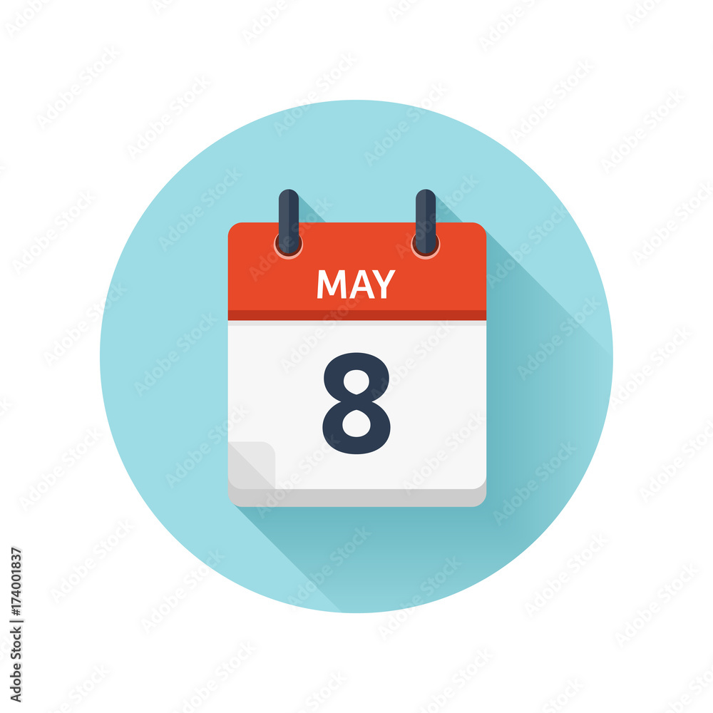 May 8. Vector flat daily calendar icon. Date and time, day, month 2018. Holiday. Season. May 8. Vector flat daily calendar icon. Date and time, day, month 2018. Holiday. Season.