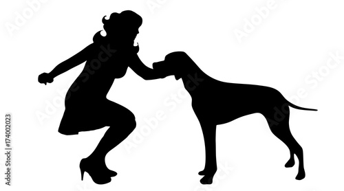 Vector silhouette of woman with dog in white background.