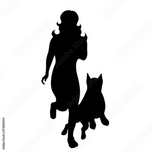 Vector silhouette of woman with dog in white background.