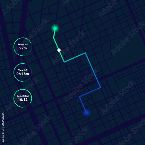 GPS navigation, tracking dashboard. Showing movement and location on the streets of the city. Vector concept.