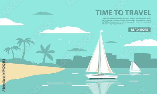 Tropical landscape with the sailing yacht and the sandy beach with palm trees and a silhouette of the city. In flat style a vector. A concept of design of a poster for the website, mobile applications