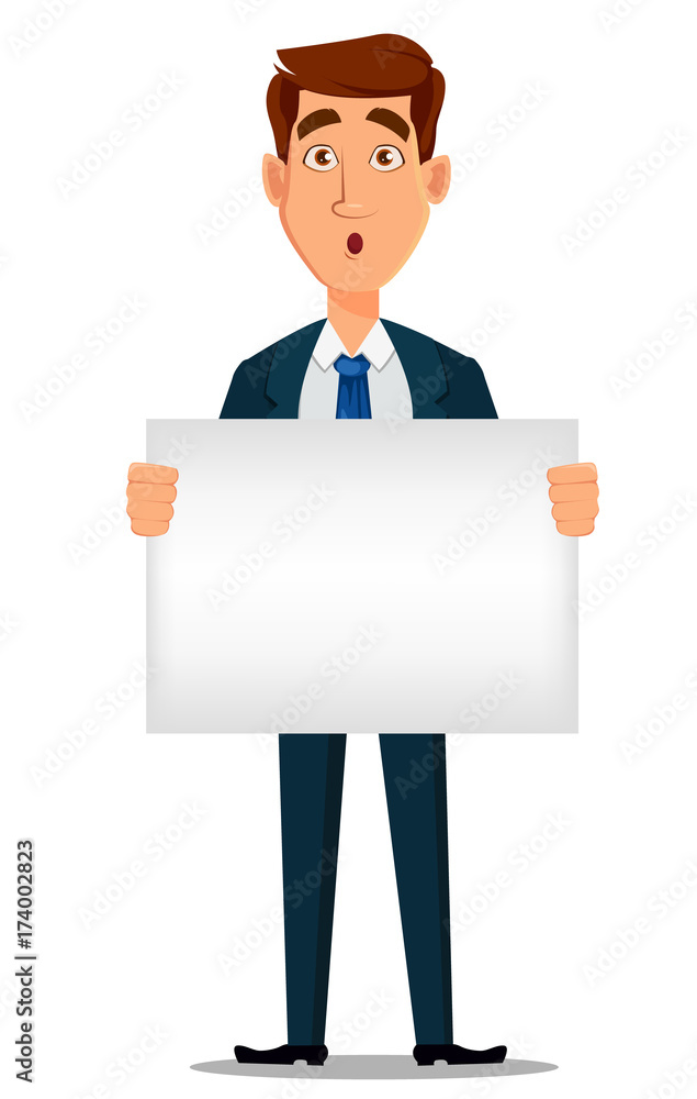 Business man in formal suit holding blank placard, cartoon character. Business man in formal suit holding blank placard, cartoon character.