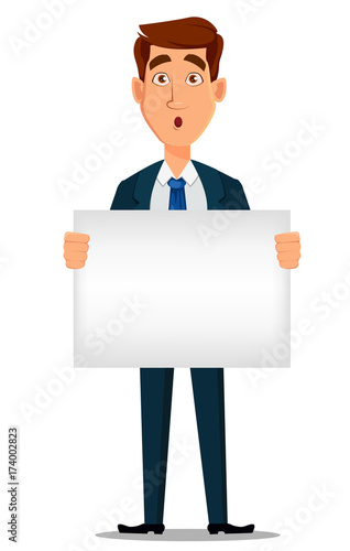 Business man in formal suit holding blank placard, cartoon character.