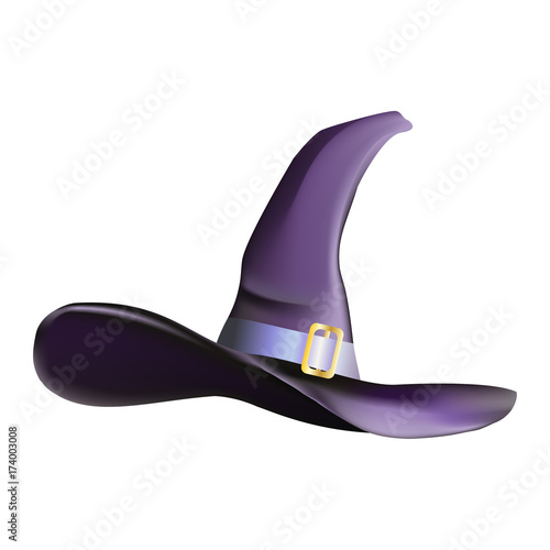 Vector illustration for halloween. Witch purple hat with silk ribbon and golden broach.