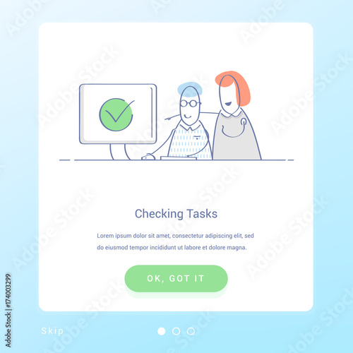 Work process, tasks reviewing and verification vector illustration. Two cute cartoon characters work together under problem solution. Flat line isolated UX / UI element for web and mobile design.