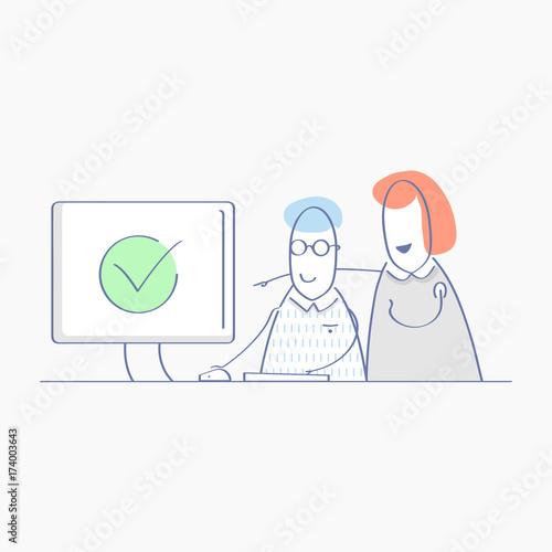 Work process, tasks reviewing and verification vector illustration. Two cute cartoon characters work together under problem solution. Flat line isolated UX / UI element for web and mobile design.