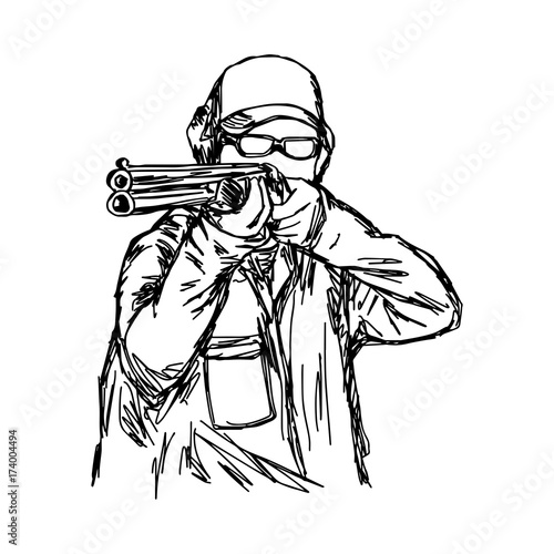 man shooting double barrel shotgun vector illustration sketch hand drawn with black lines, isolated on white background