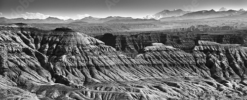 The majestic canyon of the Sutlej river black-and-white panoramic picture.