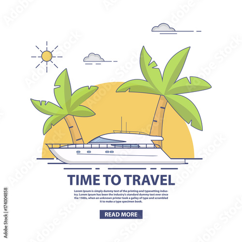 Luxury travel seaway ocean transport yacht against the background of the tropical island with palm trees in flat style a vector.Voyage and elements of design for the tourist websites and firms.