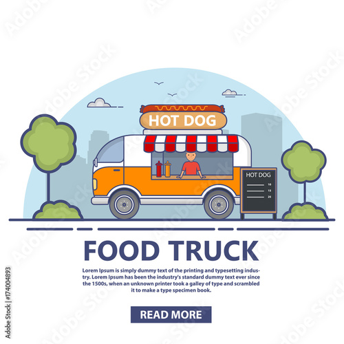 The truck with food.Trading in hot dogs.Street food.Cooking in the van.Fast-food car.Design concept posters and banners on the websites on delivery  for a mobile application.A vector in flat linear 