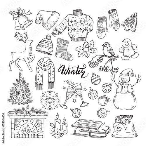 Set of different winters elements. Vector illustrations of holiday objects
