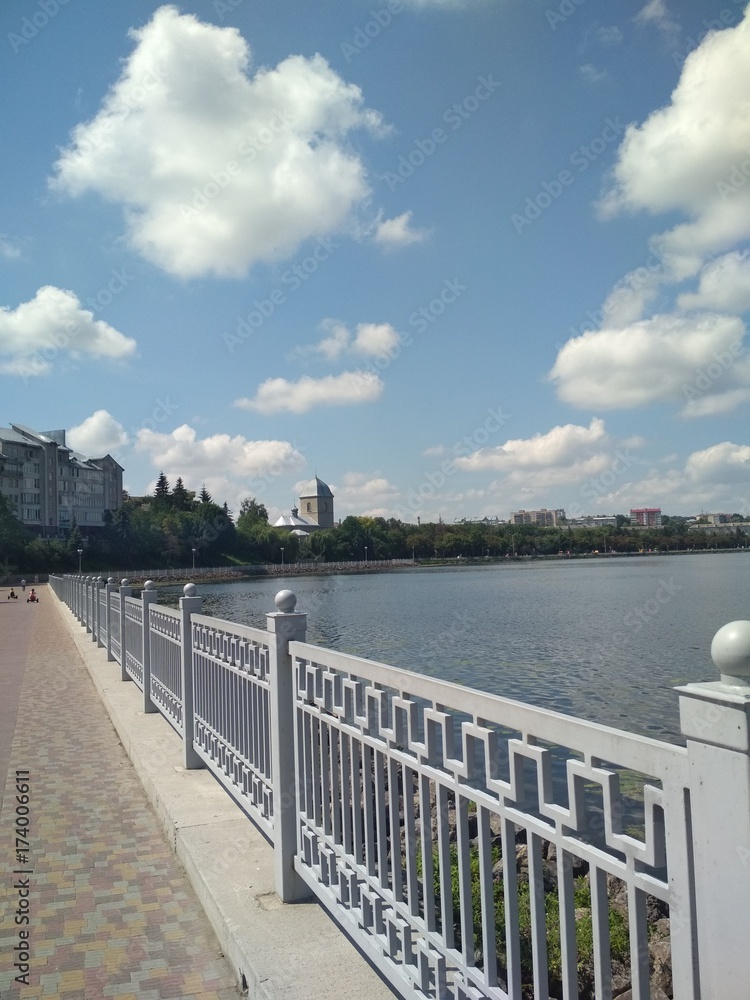 city center of Ternopil. Ukraine. Lake in the summer.