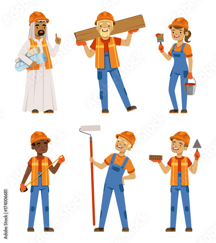 Male and female workers in uniform. Engineers and builders on the work. Vector characters set isolate
