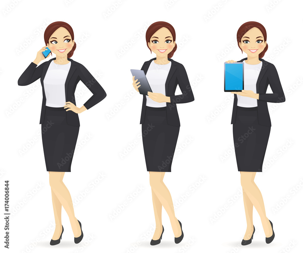 Businesswoman vector set with tablet and phone Businesswoman vector set with tablet and phone