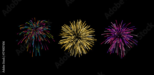 Colorful graphic firework explosion shapes isolated on black.