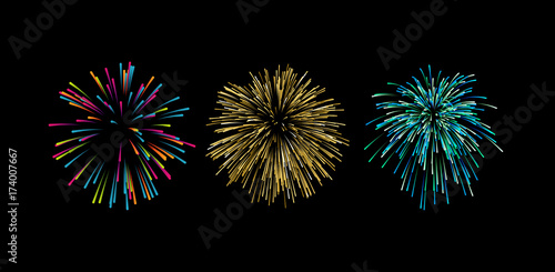 Colorful graphic firework explosion shapes isolated on black.