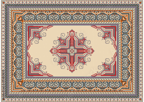 Luxurious ethnic carpet with beige and red ornaments along the edges and on a pale yellow in the middle


