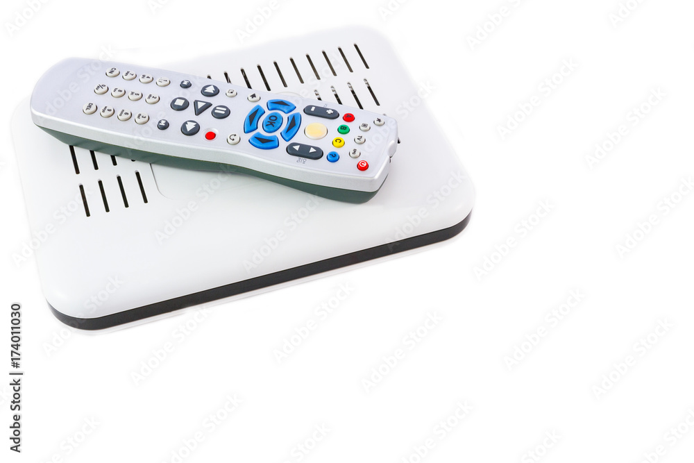 Stacked Remote and Receiver for Internet TV on white side-view Stacked Remote and Receiver for Internet TV on white side-view