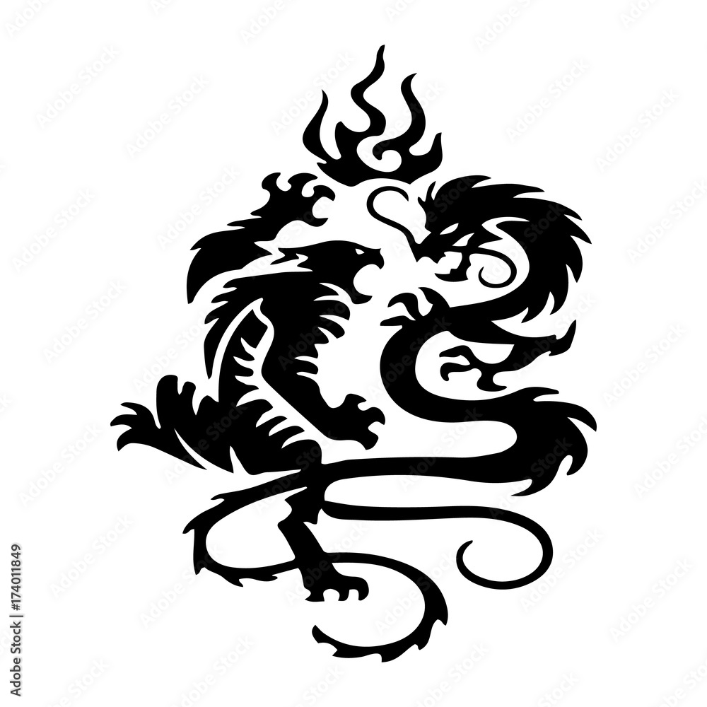 Black Silhouette Fighting tiger and dragon, tattoo isolated on white background.