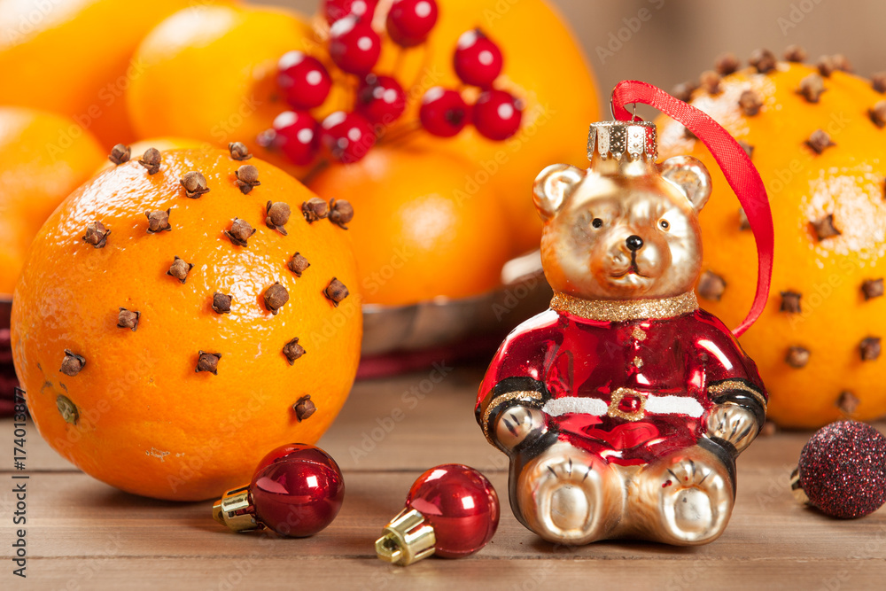 Pomander Oranges With Clove And Spices. Christmas Tree Bear Toy.