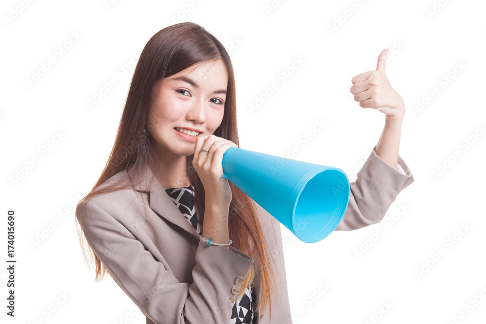 Beautiful young Asian woman show thumbs up announce with megaphone. Beautiful young Asian woman show thumbs up announce with megaphone.
