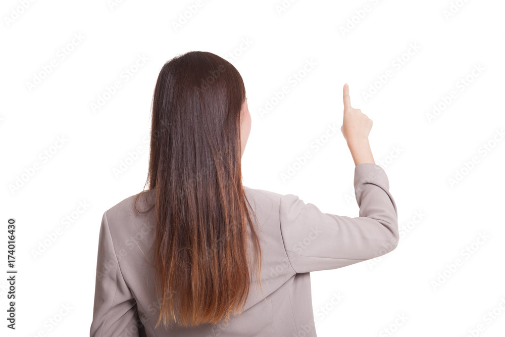 Back of Asian woman touching the screen with her finger. Back of Asian woman touching the screen with her finger.