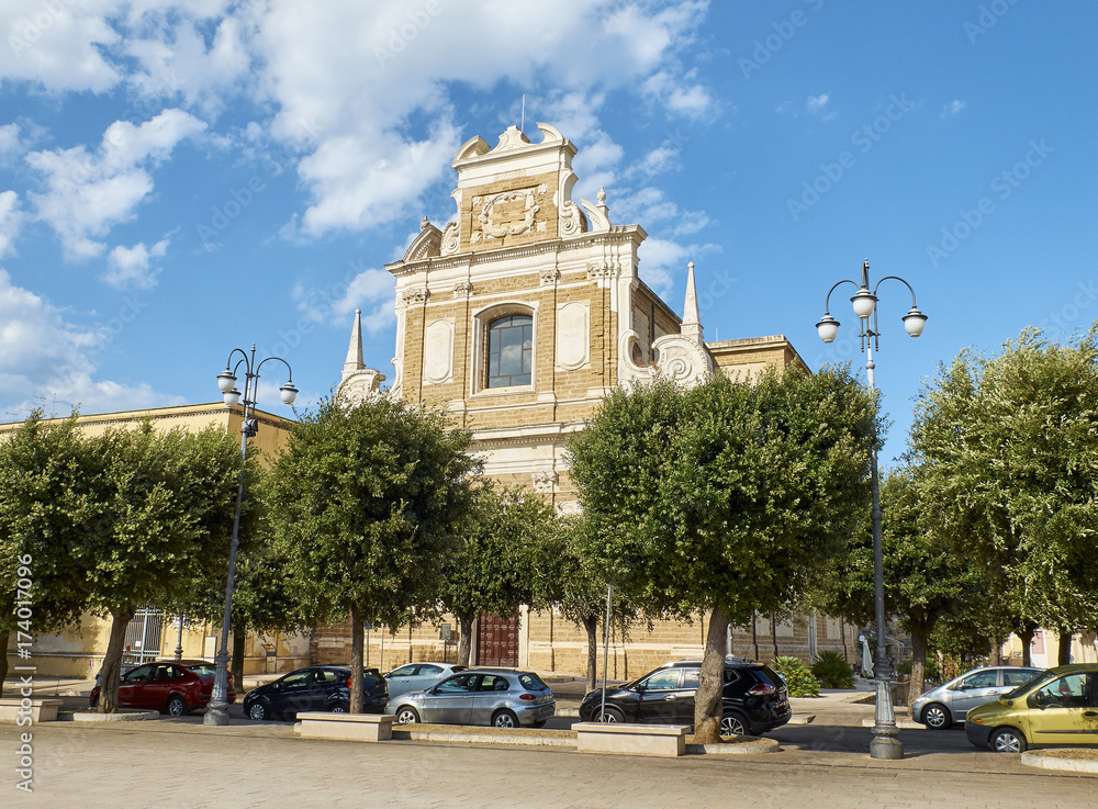 Principal facade of Chiesa Santa Teresa church in Piazza Santa Teresa square of Brindisi, Apulia, Italy.