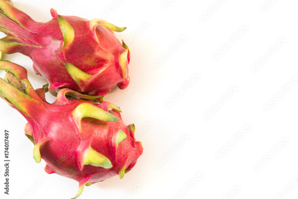 Isolated tropical pitaya, dragon fruit on white background. Close up. Top view.