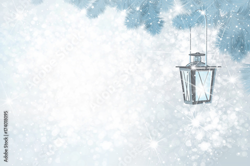 Vector Christmas  lantern  on bokeh winter background.