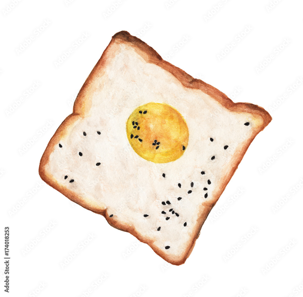 Egg on toast with black sesame seeds isolated on white background.  Watercolor illustration For Food Design. ilustración de Stock | Adobe Stock