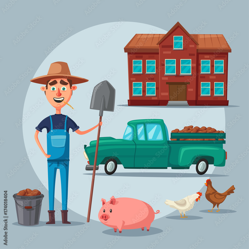Fototapeta premium Farm animals and house. Village. Cartoon vector illustration
