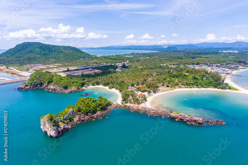 Scenic tropical beach and island with beautiful sky, Aerial shot with drone