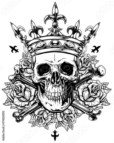 Graphic human skull with crossed bones and crown