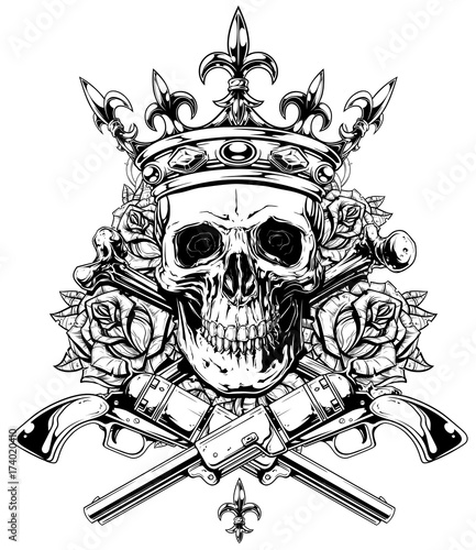 Graphic skull with crossed bones and revolvers