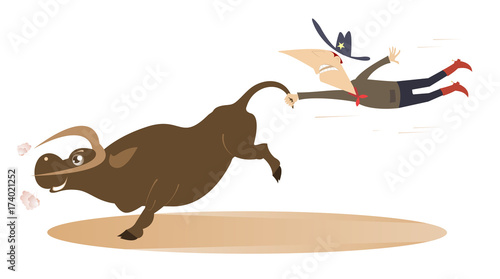Cartoon rodeo illustration with cowboy and bull. Man or cowboy catches a running bull by tail 
