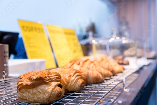 Bread placed on the store counter. photo