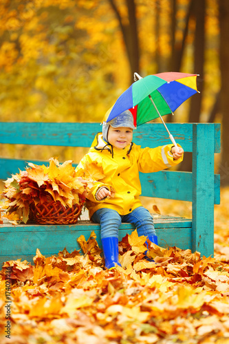 Little boy on background of autumn. park with rainbow umbrella in hands. Child with a maple leaf. Fall scene. © Miramiska