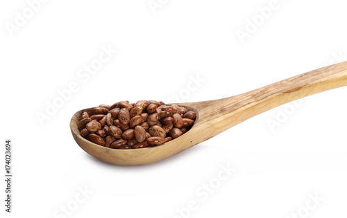 Colorful beans in wooden spoon isolated on a white background, 