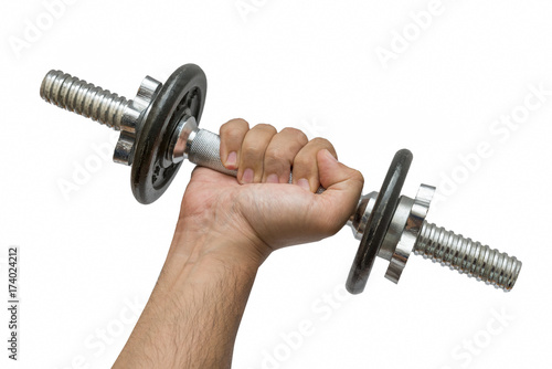 Hand Holding Dumbbell, Isolated On White Background