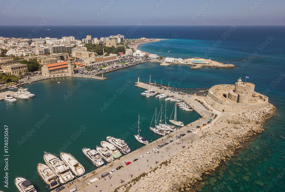Aerial view of Mandrake Port and Fort of St. Nicholas. Rhodes, Greece