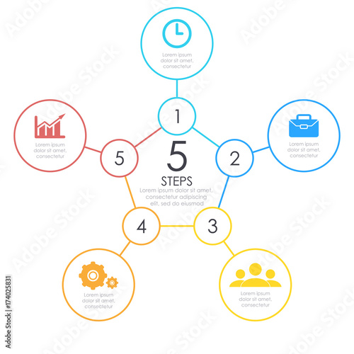 Linear infographics. Outline round chart, graph with 5 steps, options. Vector design element. Business circle concept.