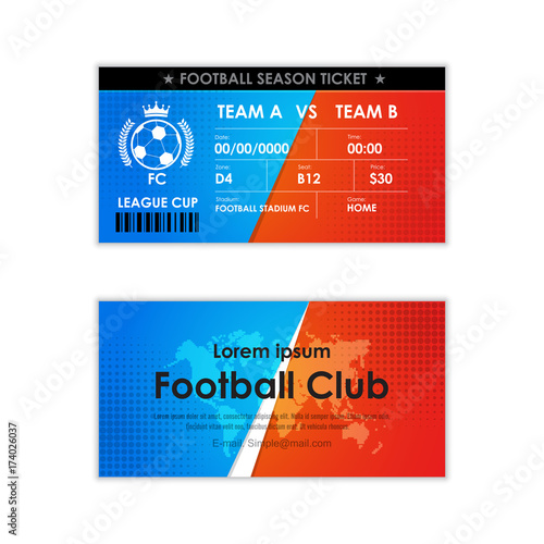 Football, Soccer ticket card element blue and red with halftone graphic design. Vector illustration.